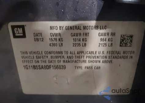 2013 Chevrolet Malibu 1Ls из США, поврежденный, VIN 1G11B5SA8DF156039